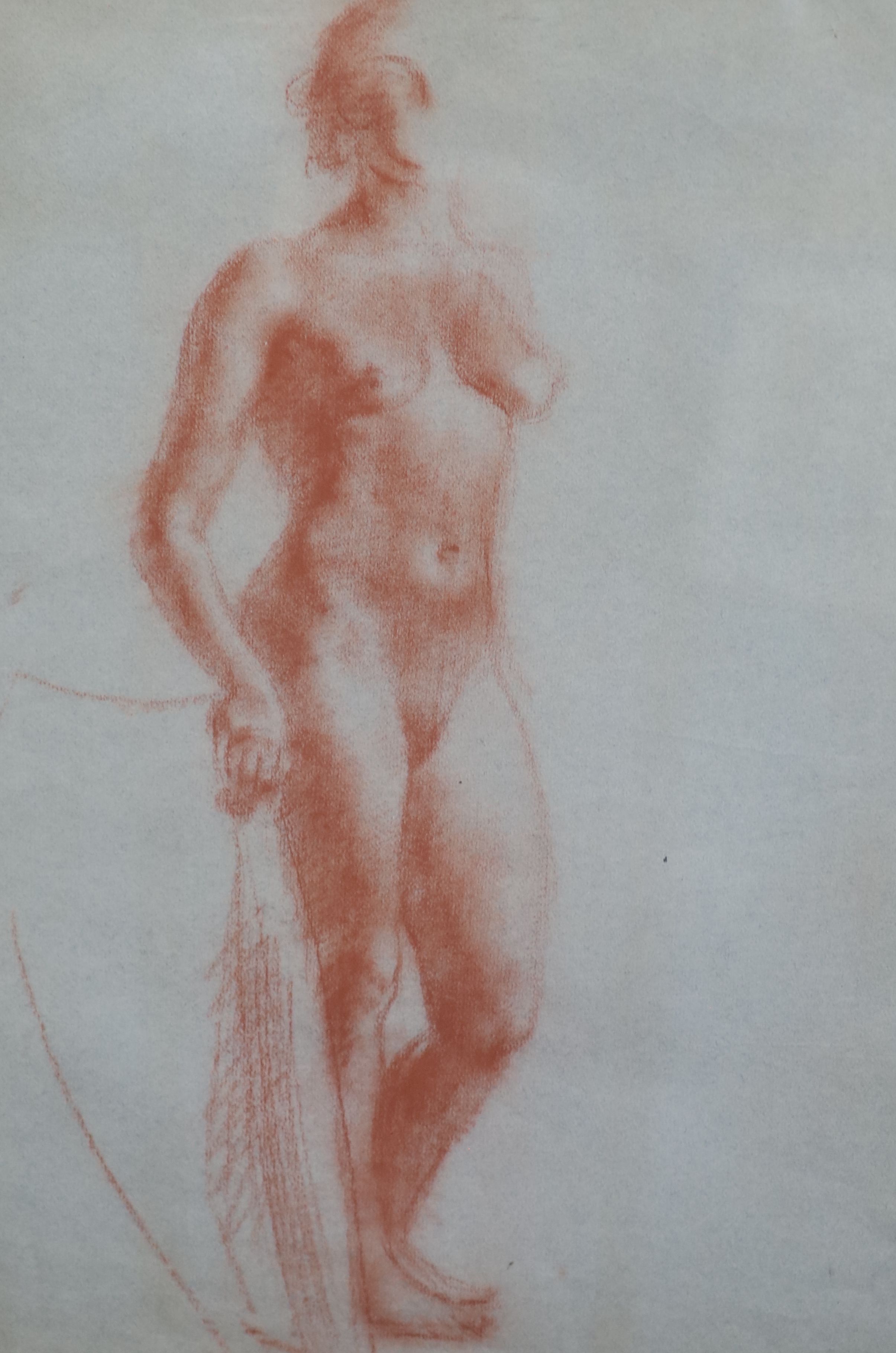 Clara Klinghoffer (1900-1972), sepia chalk on grey paper, Standing female nude, signed and dated '35, 58 x 40cm